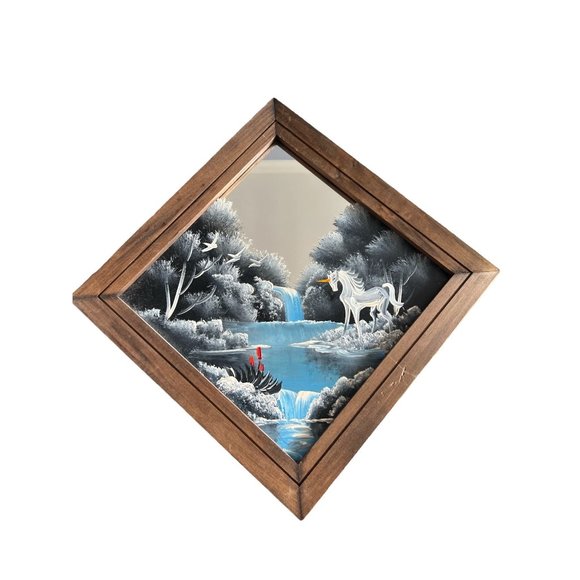 Tom Dunham Painting On Mirror Unicorn Nature Wildlife Framed Dated 1990‎ - Picture 1 of 9